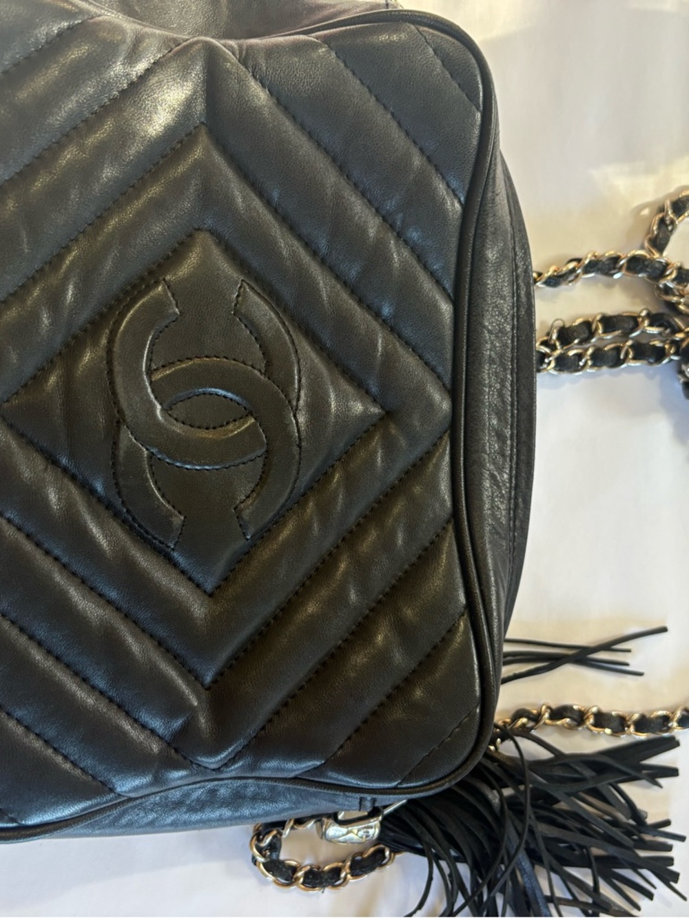 CHANEL Black Chevron Quilted Leather Crossbody with Tassel